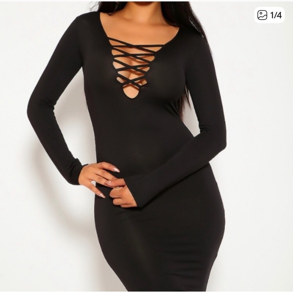 ALLEGRACE Black Longsleeve Bodycon Dress Crisscross Straps Size Small NWT